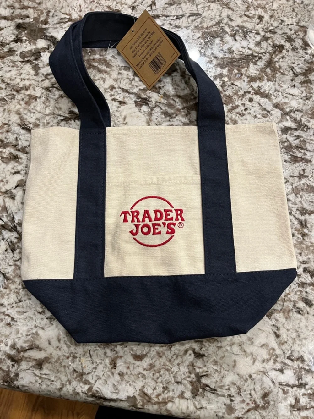 Trader Joe's Cream and Dark Blue Canvas mini Tote Bag - Picture 2 of 3